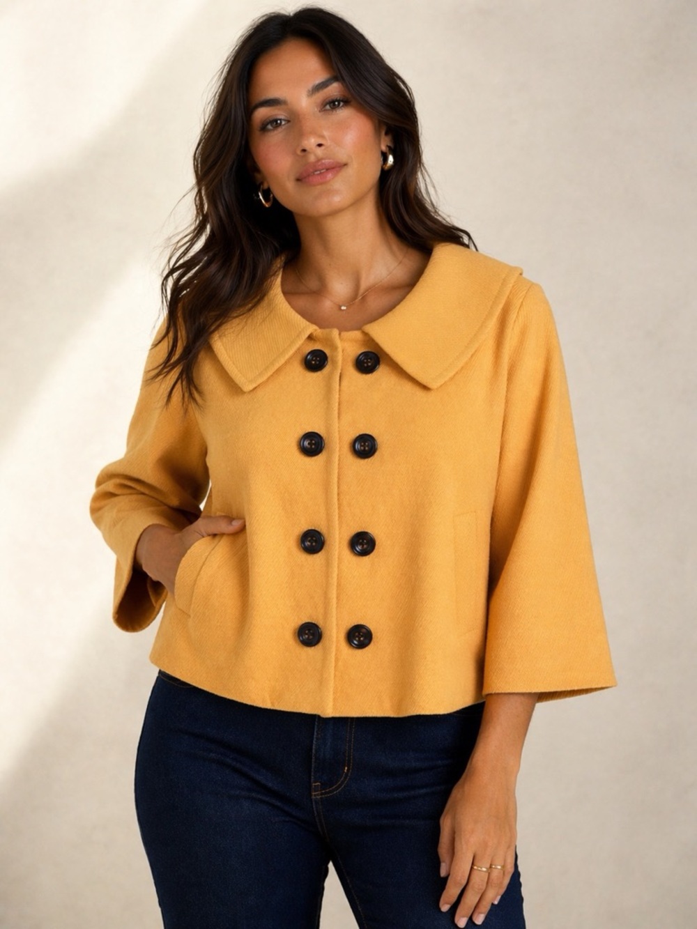 Laura Petites Cropped Peacoat Jacket in Mustard